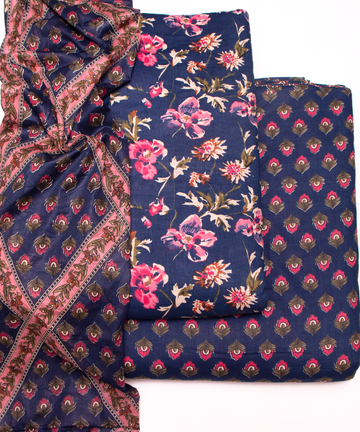 Navy Blue Floral Print Cotton Suit